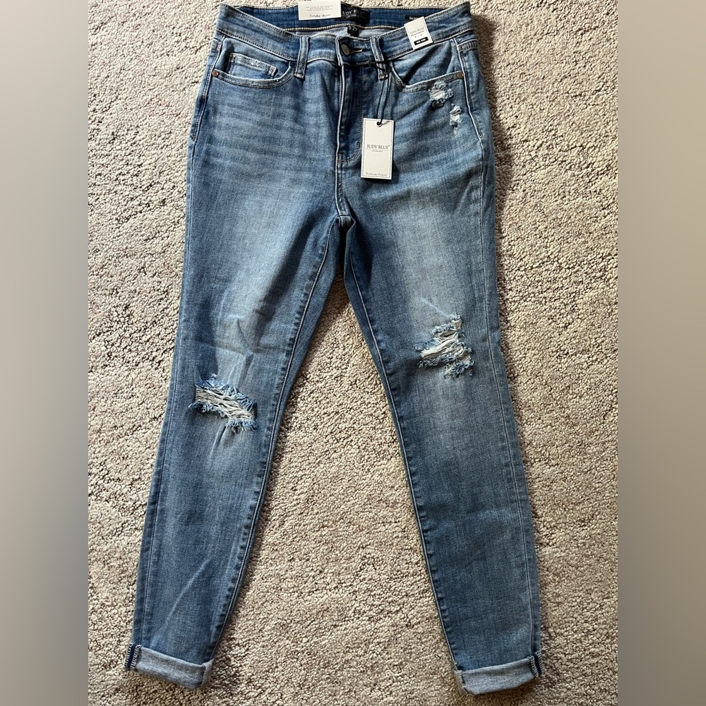 Judy Blue Mid Rise Light Blue Distressed & Cuffed Skinny Jeans